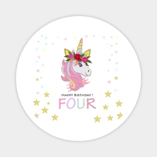 Four birthday greeting. Fourth. Magical Unicorn Birthday invitation. Party invitation greeting card Magnet